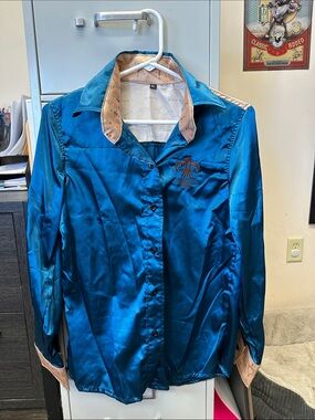 Teal Satin Button-Up Shirt with Contrast Trim